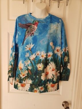 Blue Floral Hummingbird Sweatshirt Size Medium